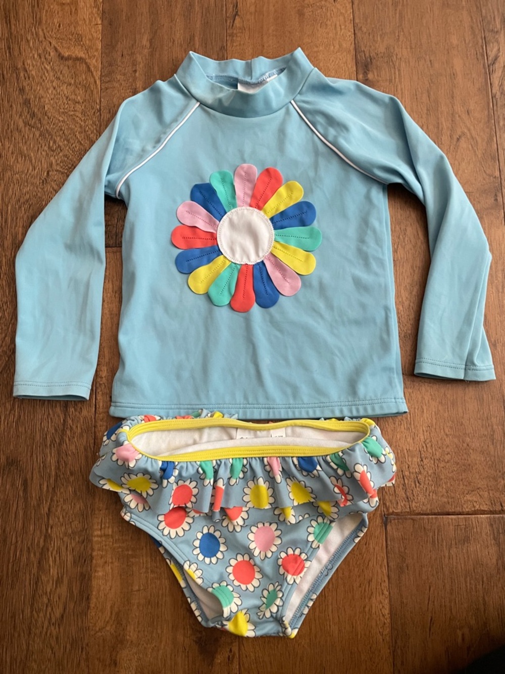 Baby Boden Light Blue Rashguard Set with Multicolor Daisy Appliqué Size 18-24M